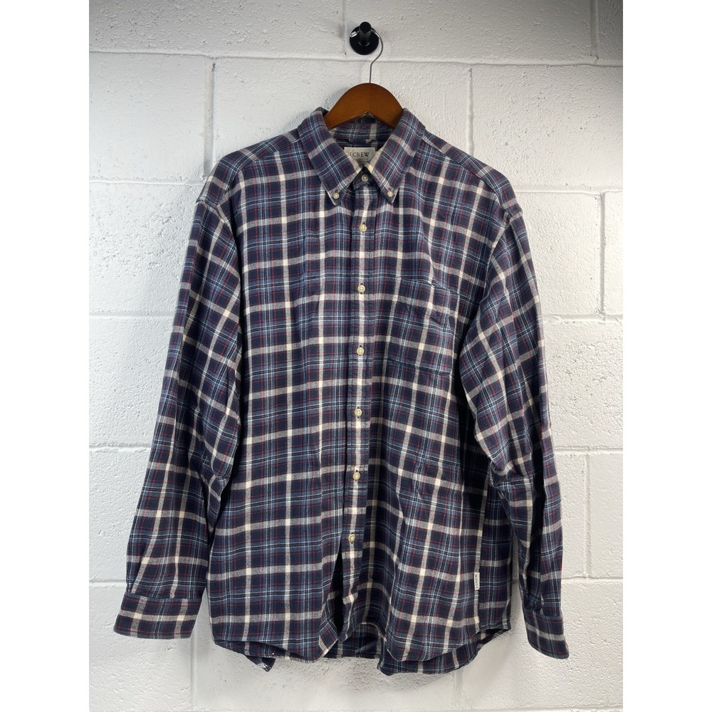 J.Crew‎ Men's Flannel Shirt  Navy / Red  Plaid Cotton Button Front Size L